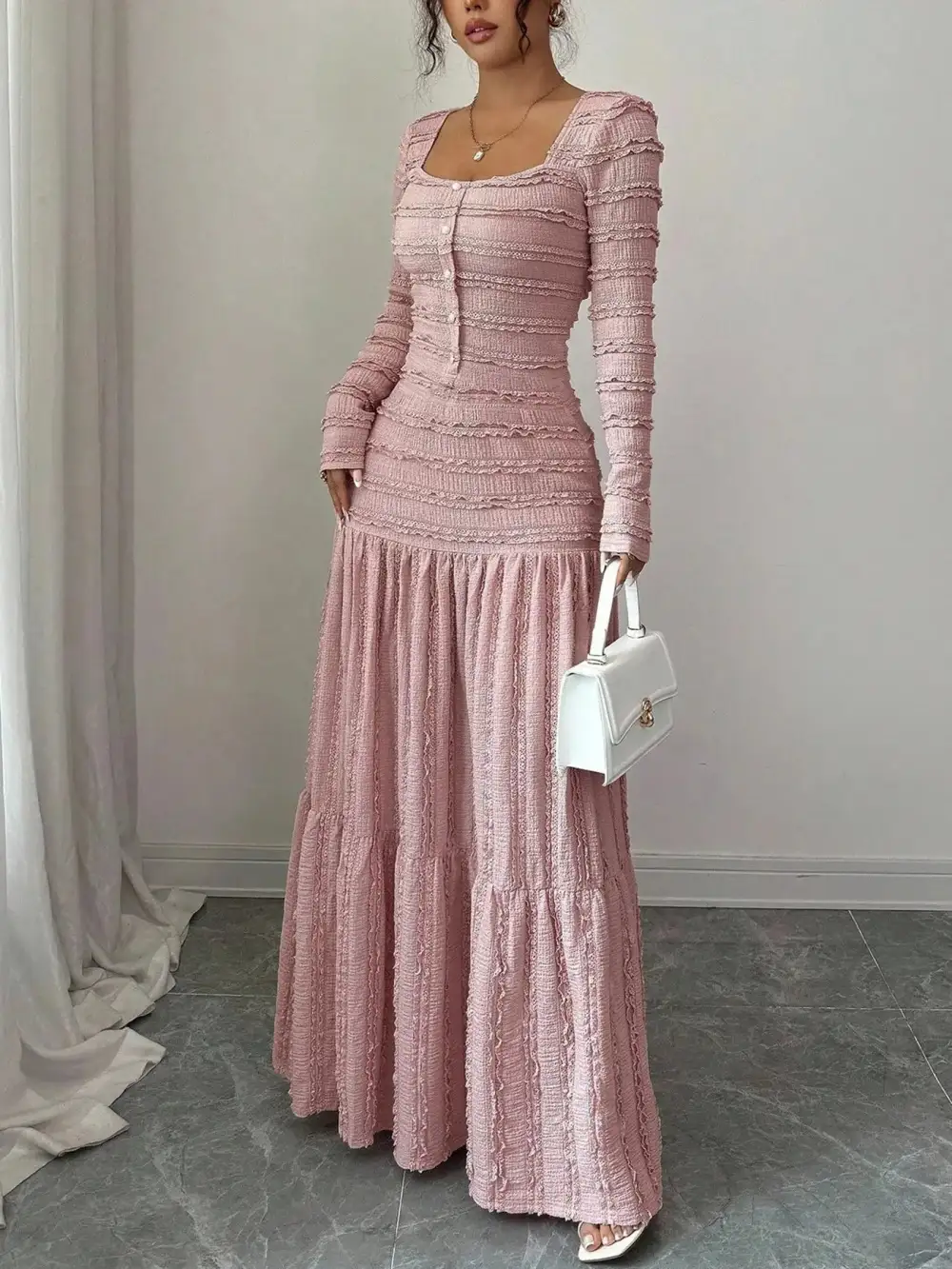 Women's Casual Elegant Party Sweet Cute Long Sleeve Square Neck Dress, Womenswear Stylish Ladies' Formal Evening Wear Elegant Gown, Perfect for Special Occasions Valentine's Day, Sweet And Cute