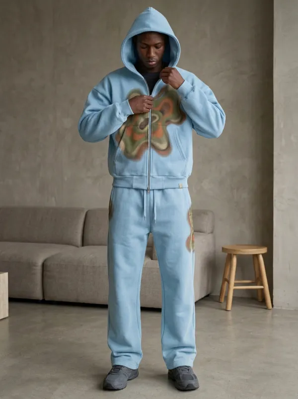 Men's Streetwear Abstract Swirl Printed Zip-up Hoodie Sweatpants Set