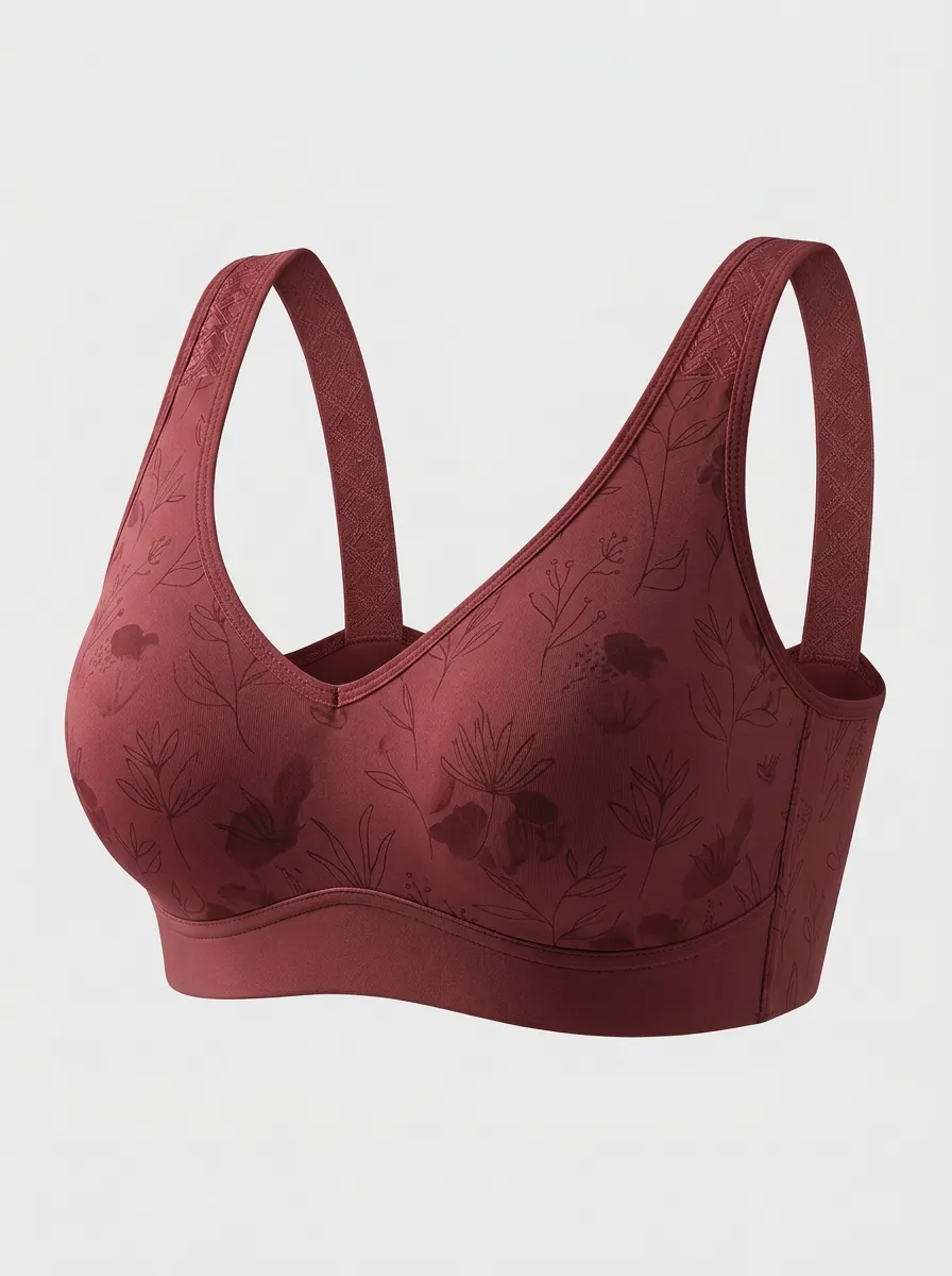 Women's Plus Size Beige Botanical Floral Full-Coverage V-Neck Wireless Bralette