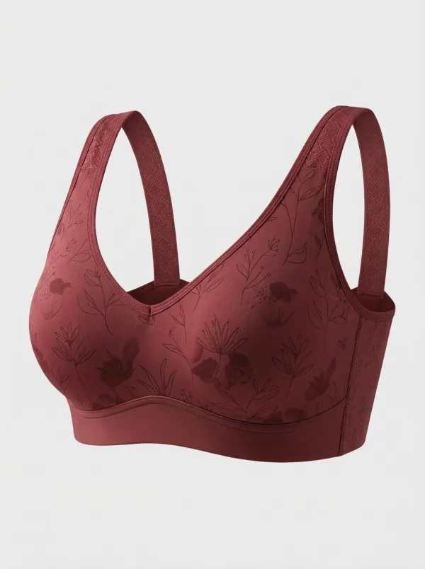 Women's Plus Size Beige Botanical Floral Full-Coverage V-Neck Wireless Bralette