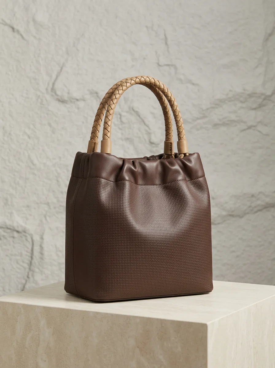 Women's Woven Braided-Handle Drawstring Dual-Handle Bucket Bag