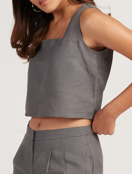 Slate Gray Linen Matching Set with Crop Tank & Tailored Shorts