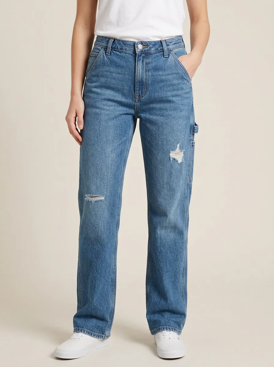 Women's Carpenter Utility-Pocket Faded Mid-Rise Straight-Leg Jeans