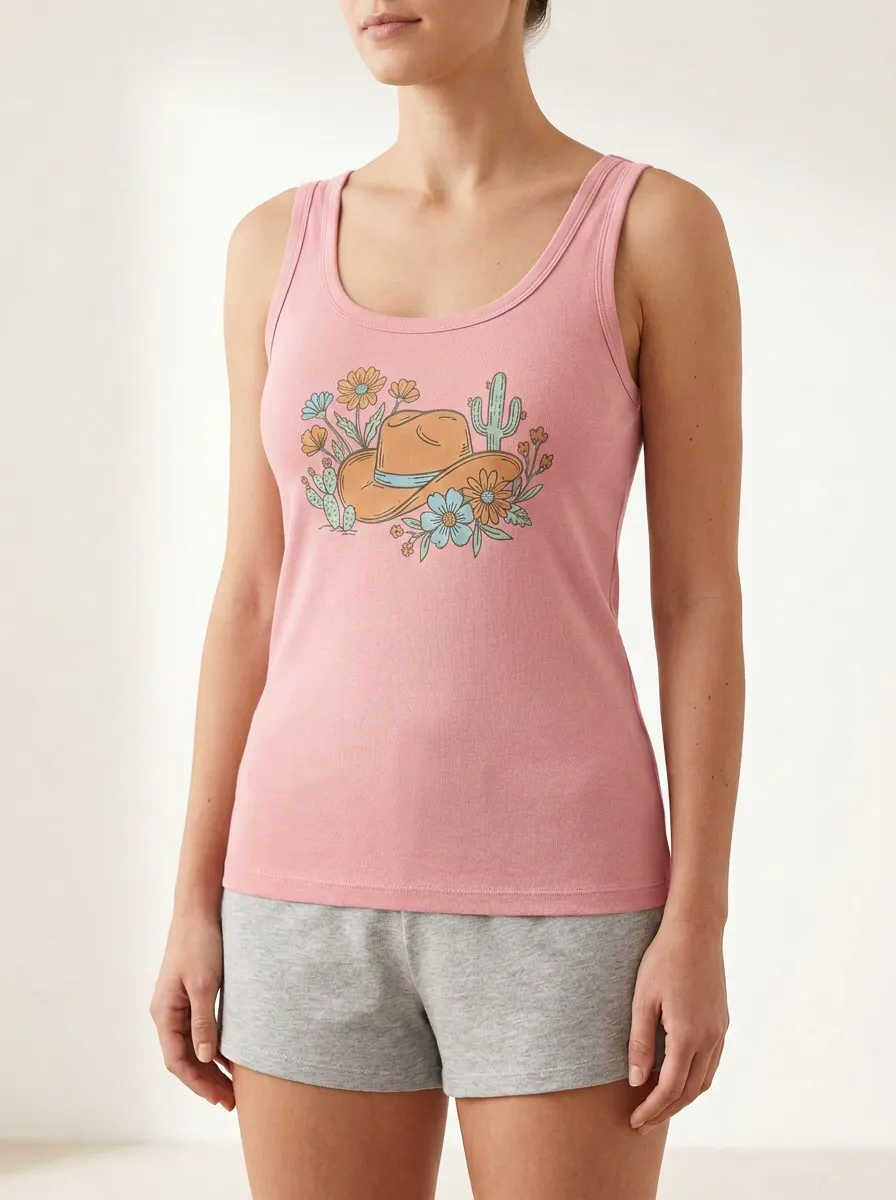 Western Cactus Floral Built-In Bra Tank Top