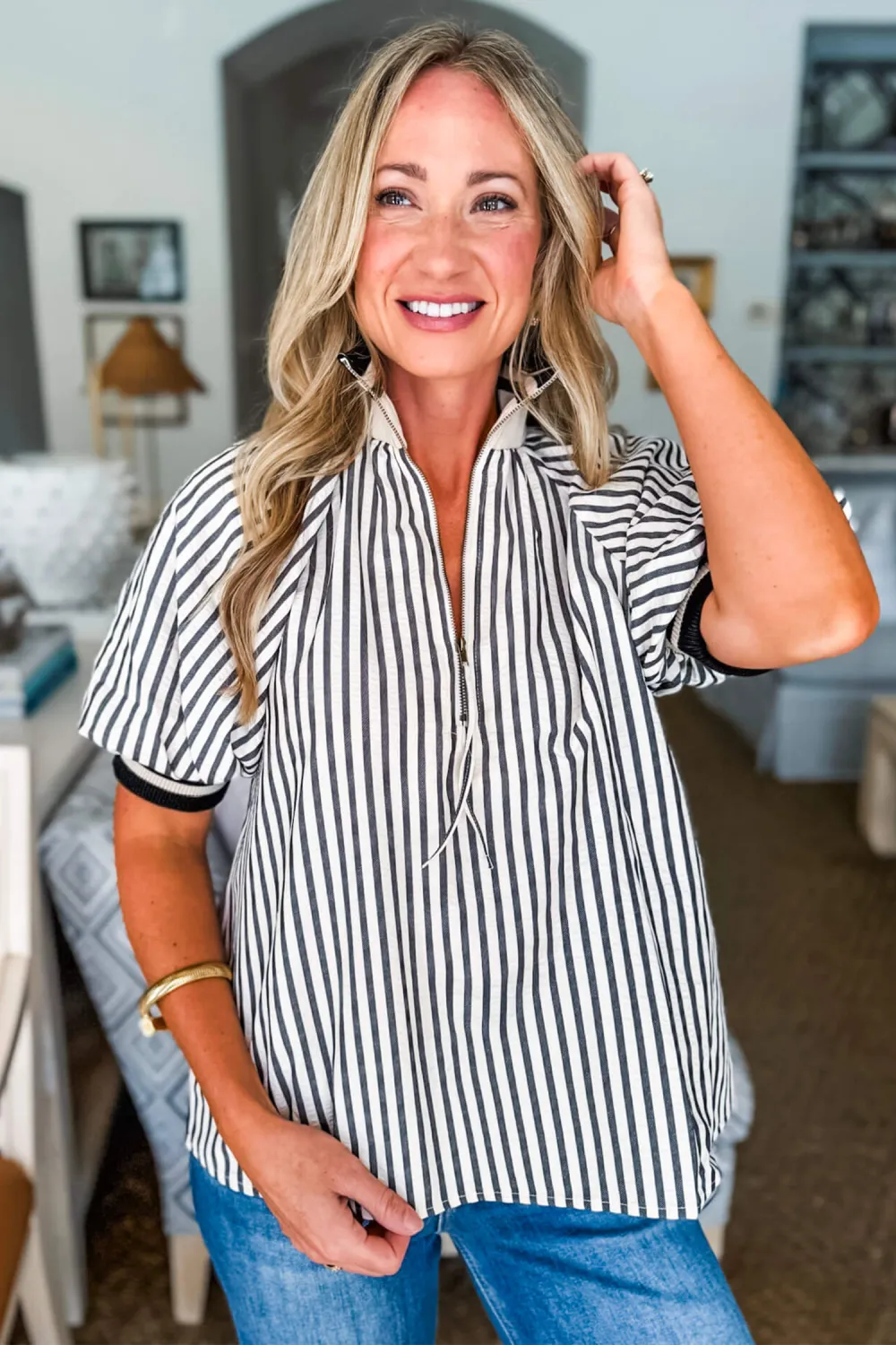 Black Stripe Polo Collar Half Sleeve Blouse