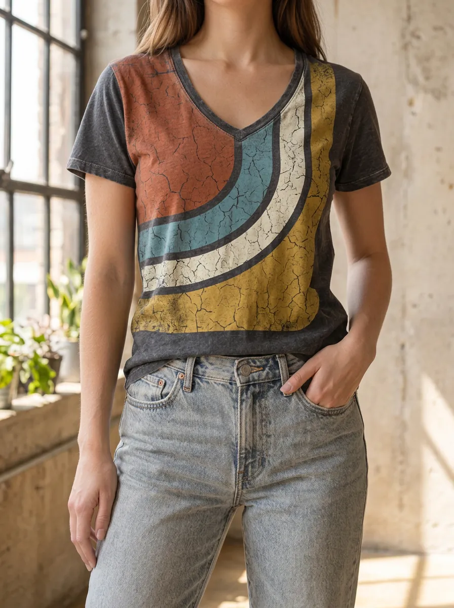 Women's Retro Rainbow Distressed Printed V-Neck T-Shirt