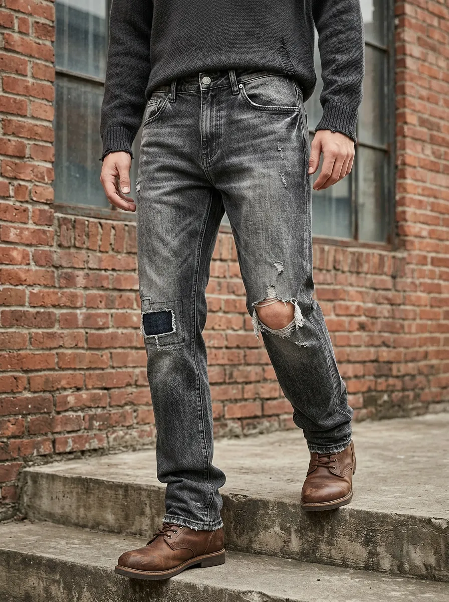 Men's Distressed Washed Grey Patchwork Ripped Denim Jeans