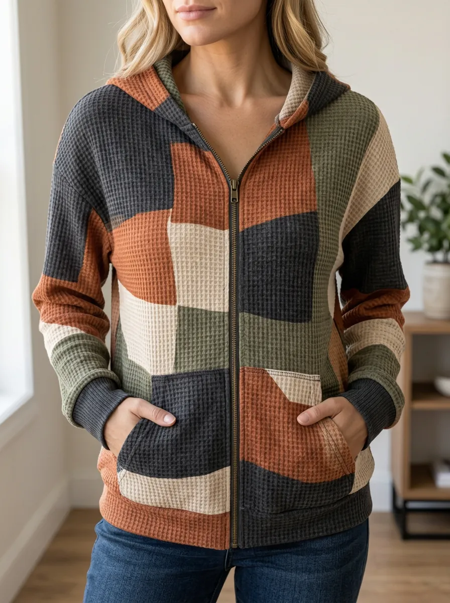Women's Colorblock Patchwork Waffle Knit Zip-Up Hoodie