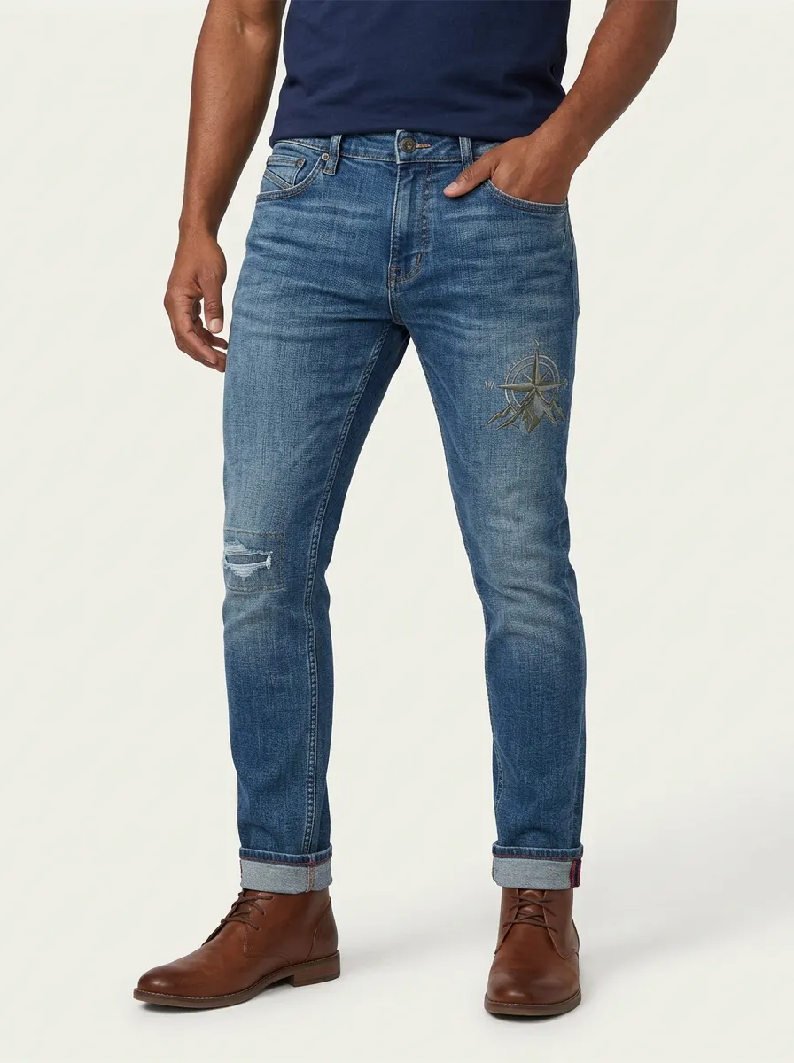 Men's Mid-Blue Adventure Compass Mountain Slim Fit Jeans