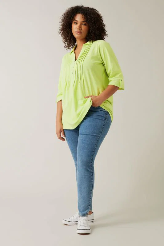Chartreuse Green Pintuck Henley Top detail 1