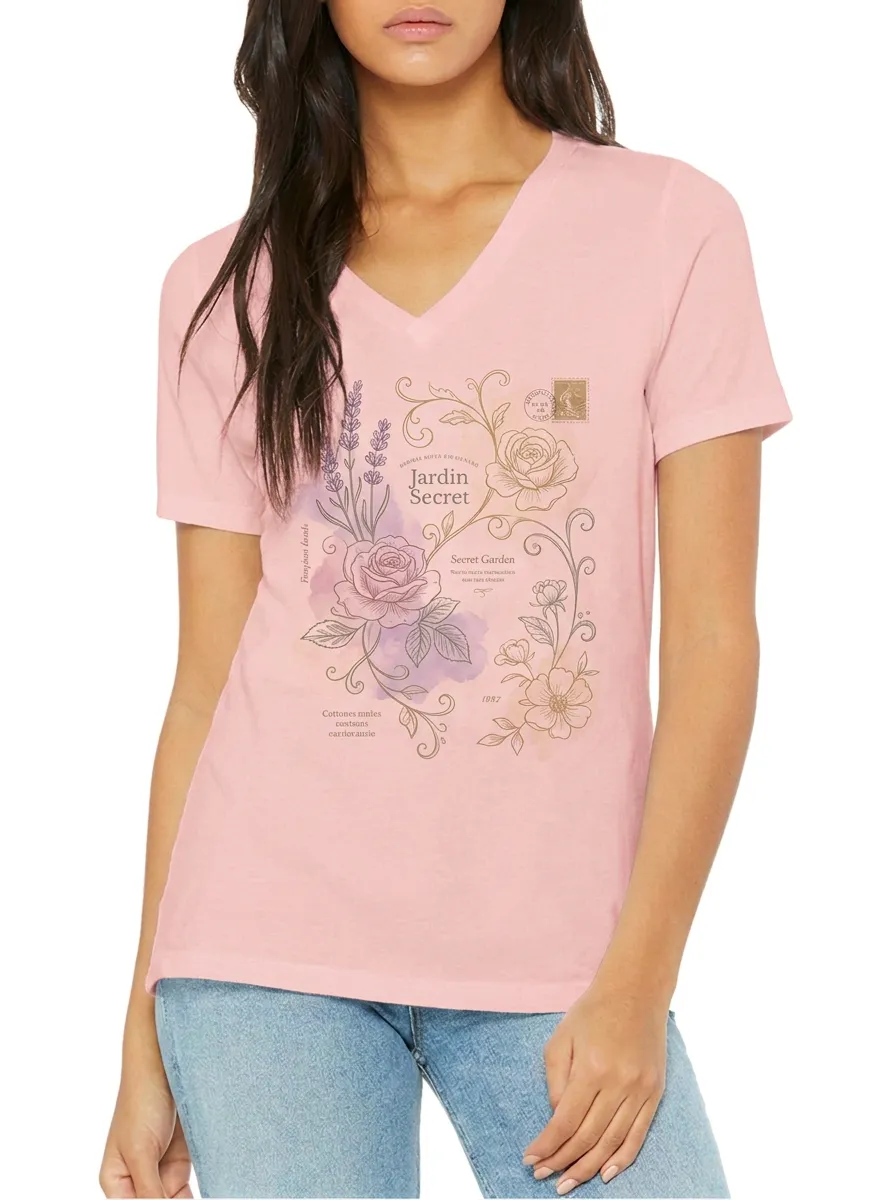 Women's Floral Garden Lover Jardin Secret Rose Printed V-neck T-shirt