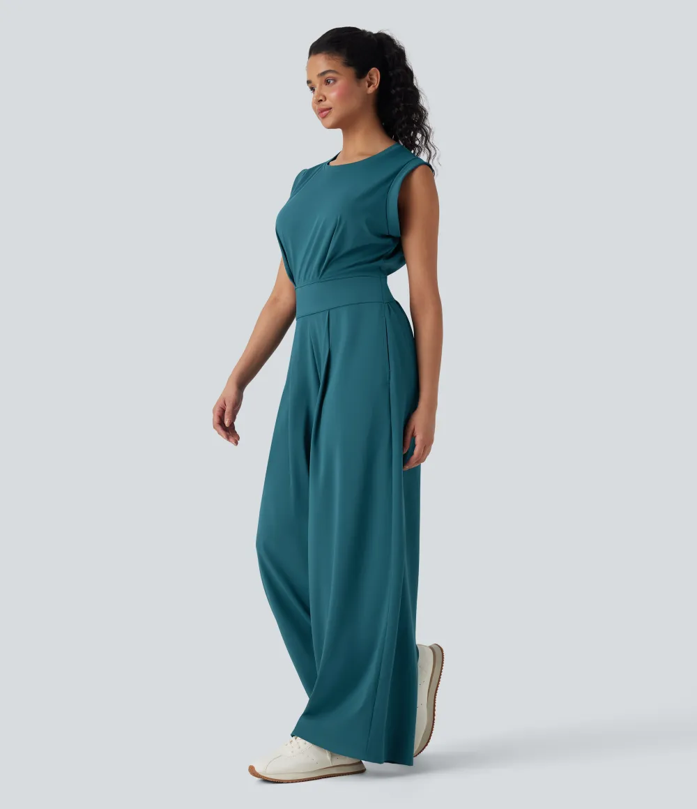 SoftlyZero QuickDry Round Neck Sleeveless Keyhole Pocket Yoga Jumpsuit-Easy Peezy Edition