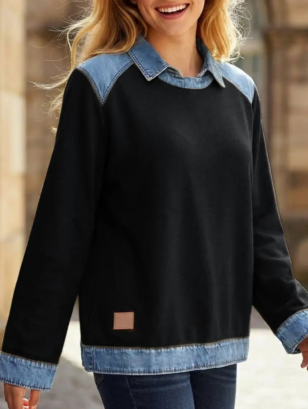 Denim Collar Patchwork Top