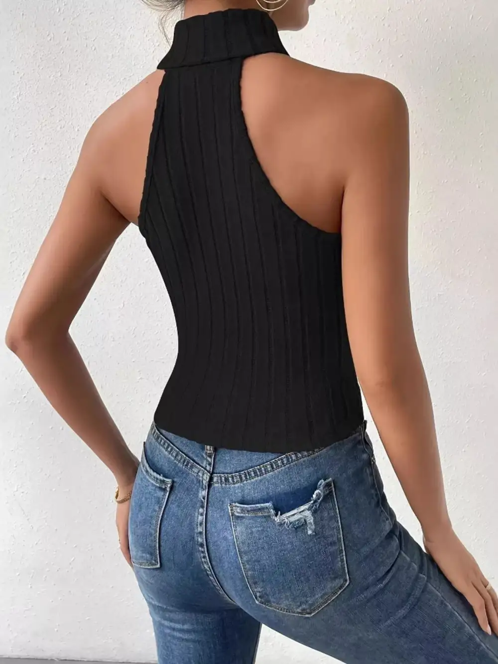 Turtleneck Ribbed-Knit Tank Top