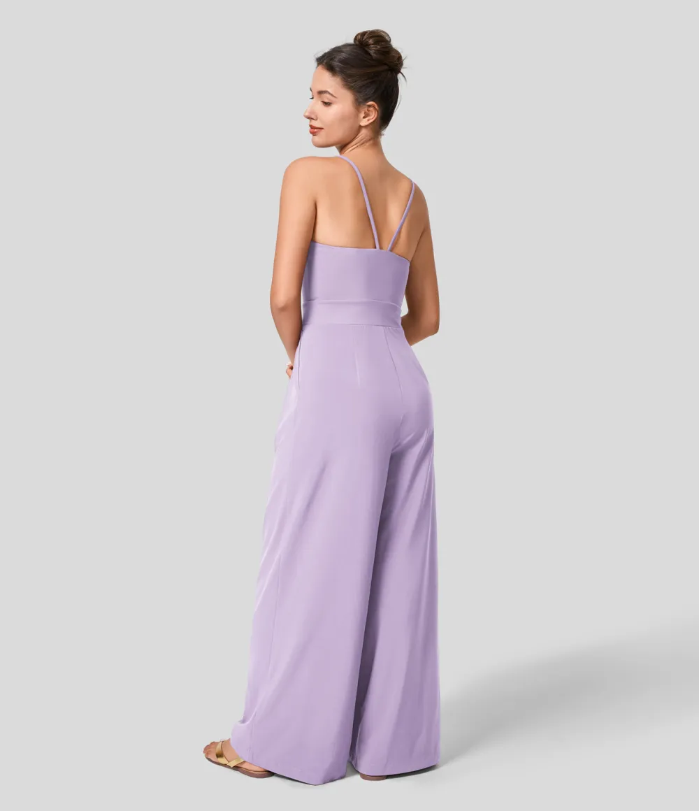 Breezeful Backless Side Invisible Zipper Pocket Wide Leg Quick Dry Resort Slip Jumpsuit