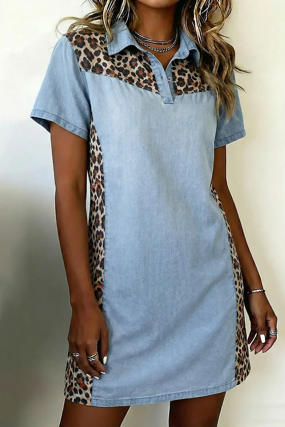 Blue Leopard Patchwork Shirt Dress