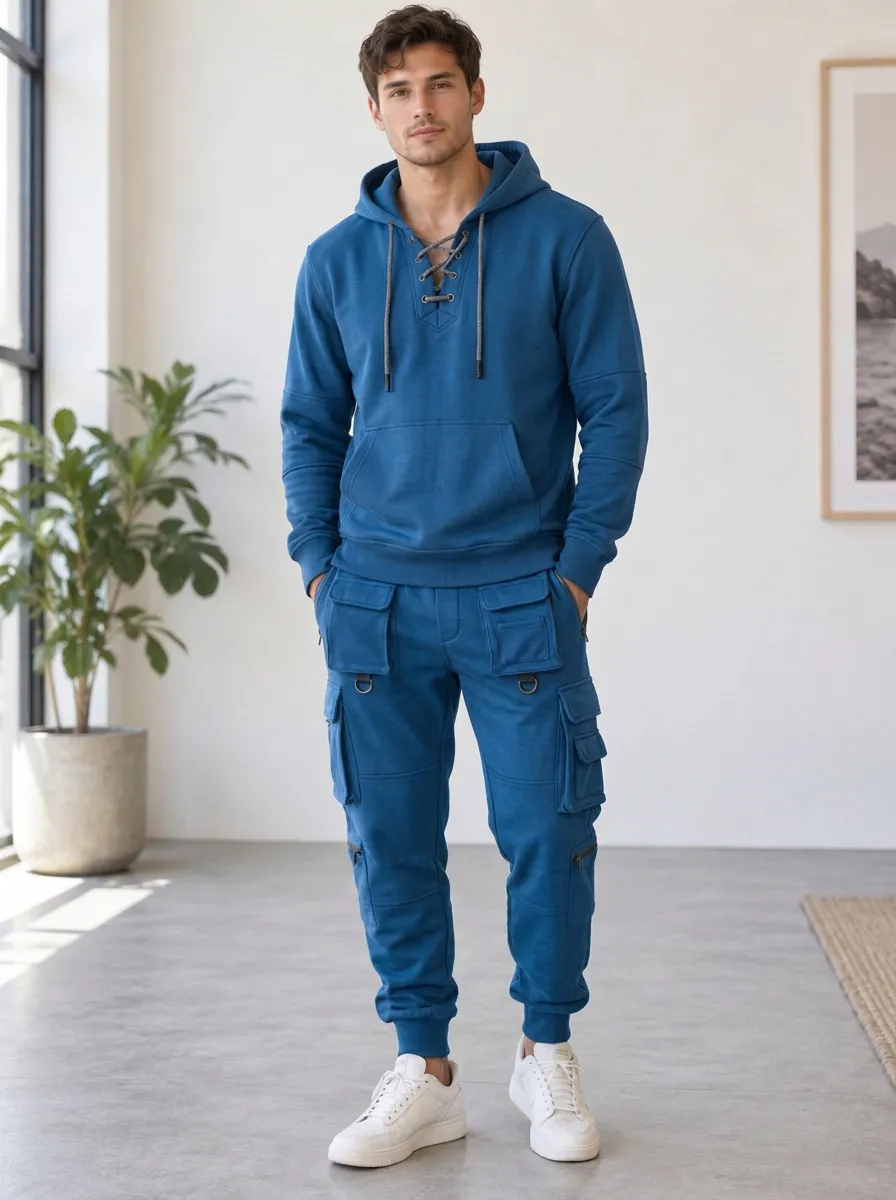 Trail-Inspired Lace-Up Multi Pocket Street Look Men's Lace Up Hoodie And Cargo Jogger Set