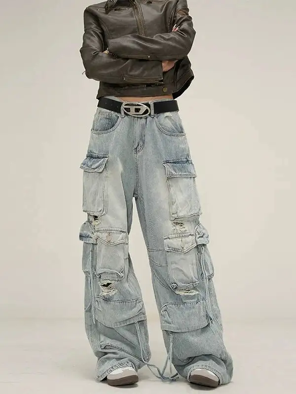 Wide-Leg Distressed Cargo-Pocket Jeans