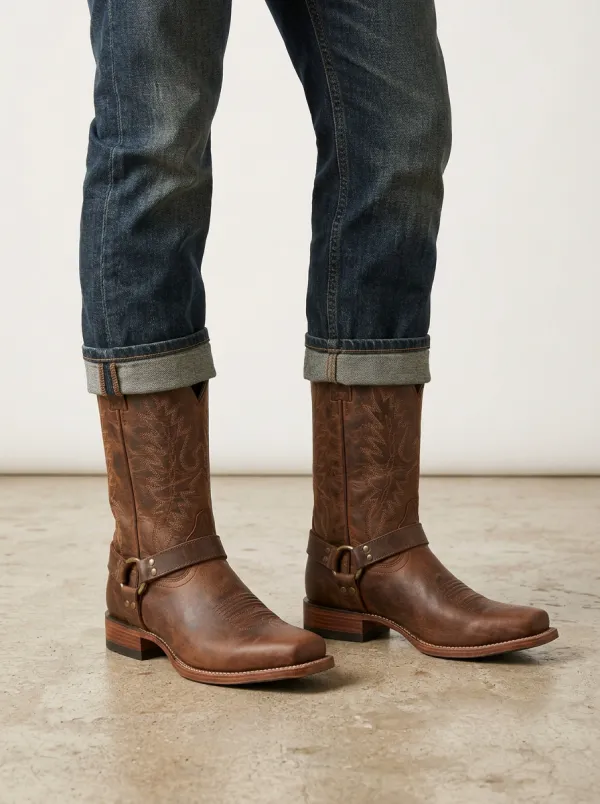 Men's Classic Western Brown Leather Harness Printed Cowboy Boots