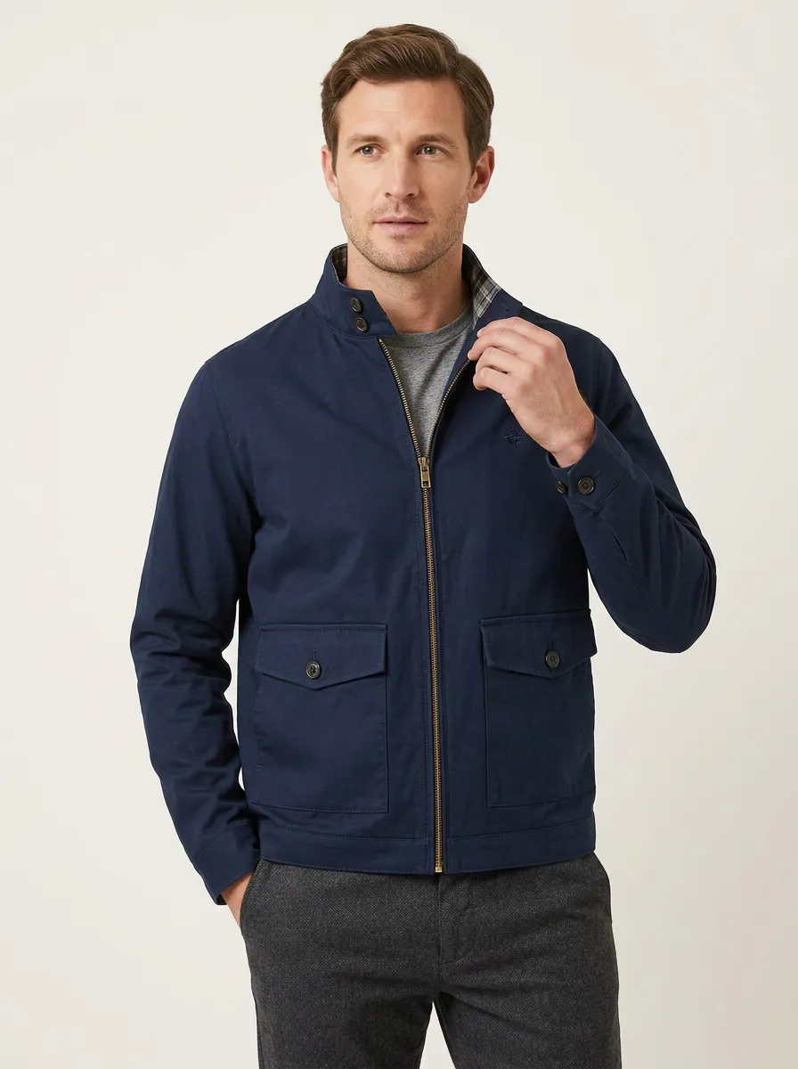 Men's Casual Navy Stand Collar Zip-up Utility Jacket