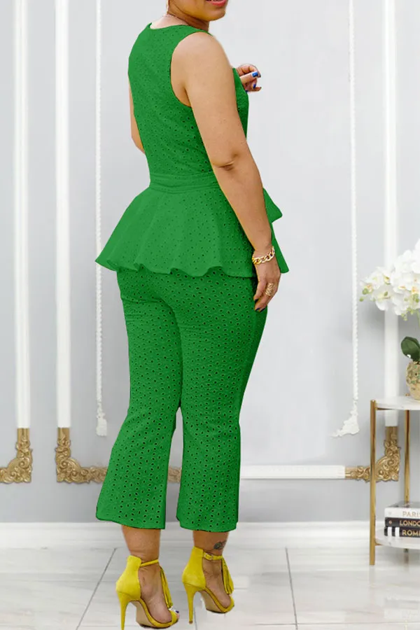 Solid Color Peplum Belted Pant Set