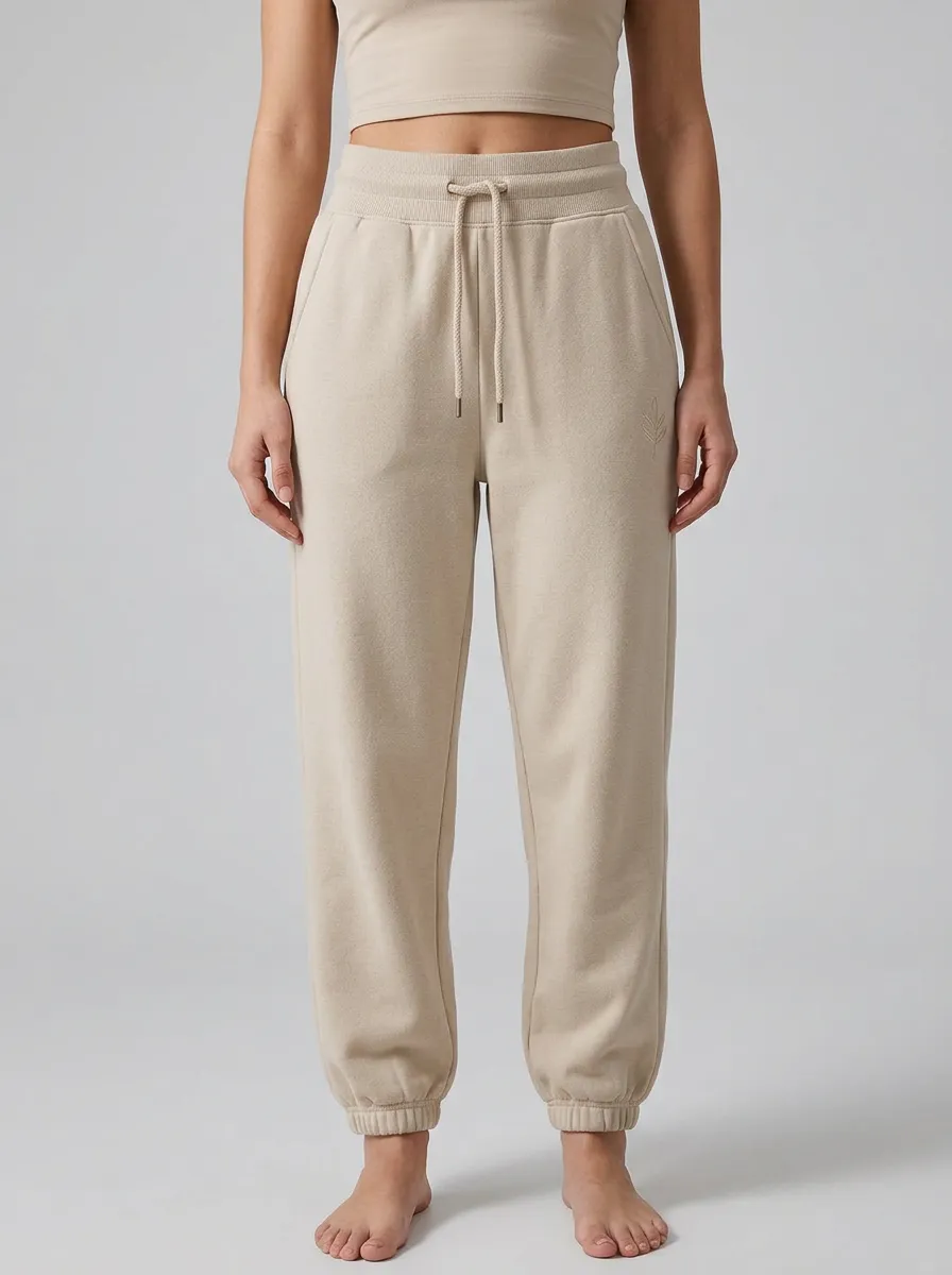 Women's Minimalist Beige Solid Color Embroidered Joggers