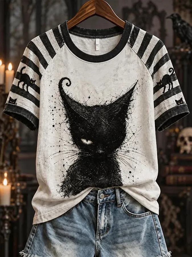 Women'S Autumn Halloween Black Cat Art Printed T-Shirt