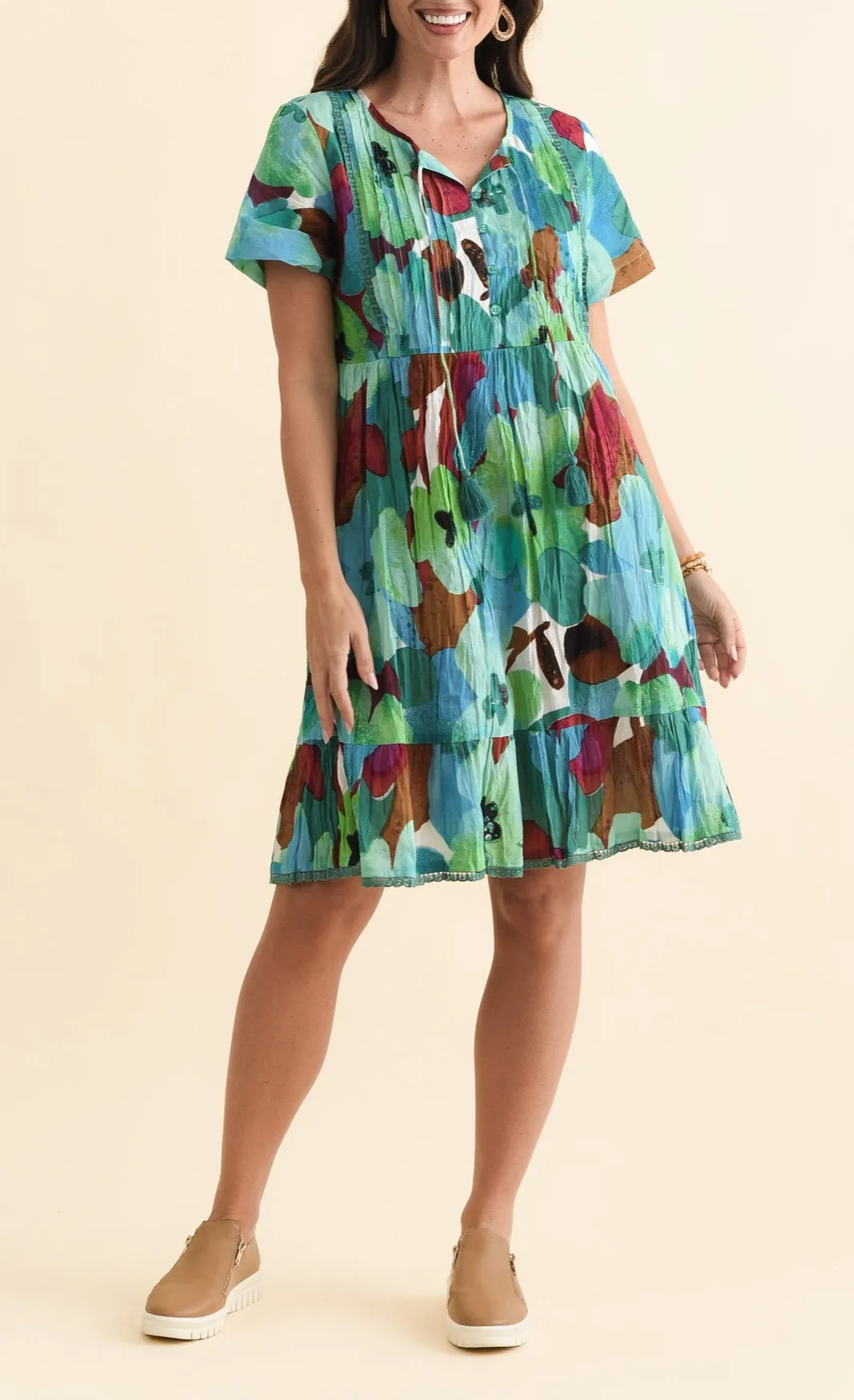Cotton Above-Knee Floral Pocket Round-Neck Short-Sleeve A-Line Dress