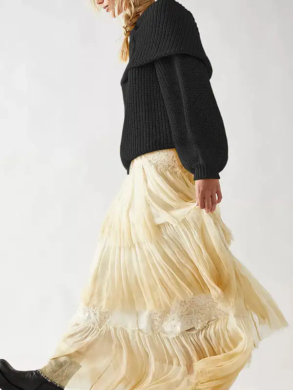 Paneled Round Neck Long Sleeve Relaxed Fit Sweater