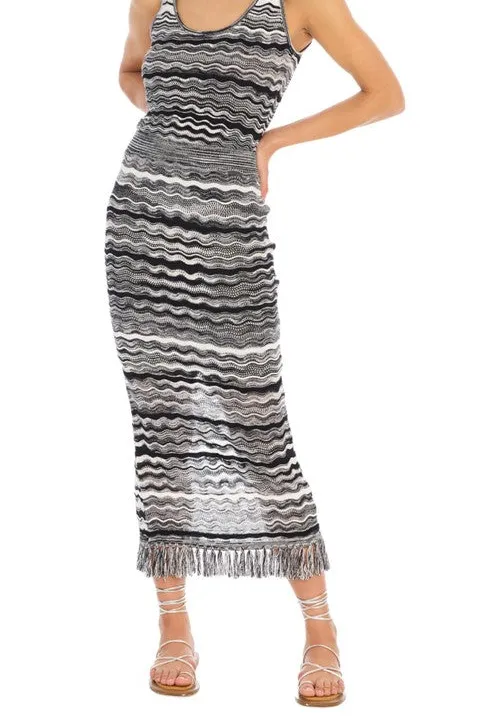 Gray Wavy Striped Fringe Hem Midi Skirt
