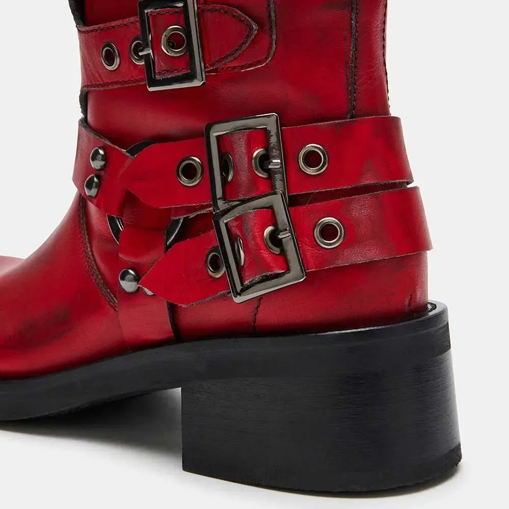Faux-Leather Distressed Buckle-Detail Round-Toe Knee-High Boots