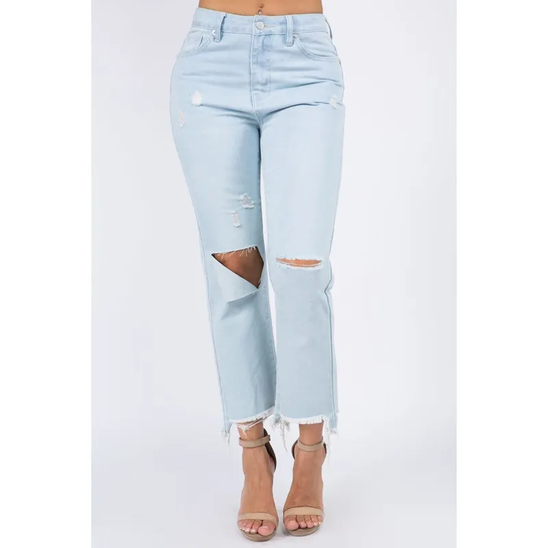 High-Waist Distressed Raw-Hem Jeans