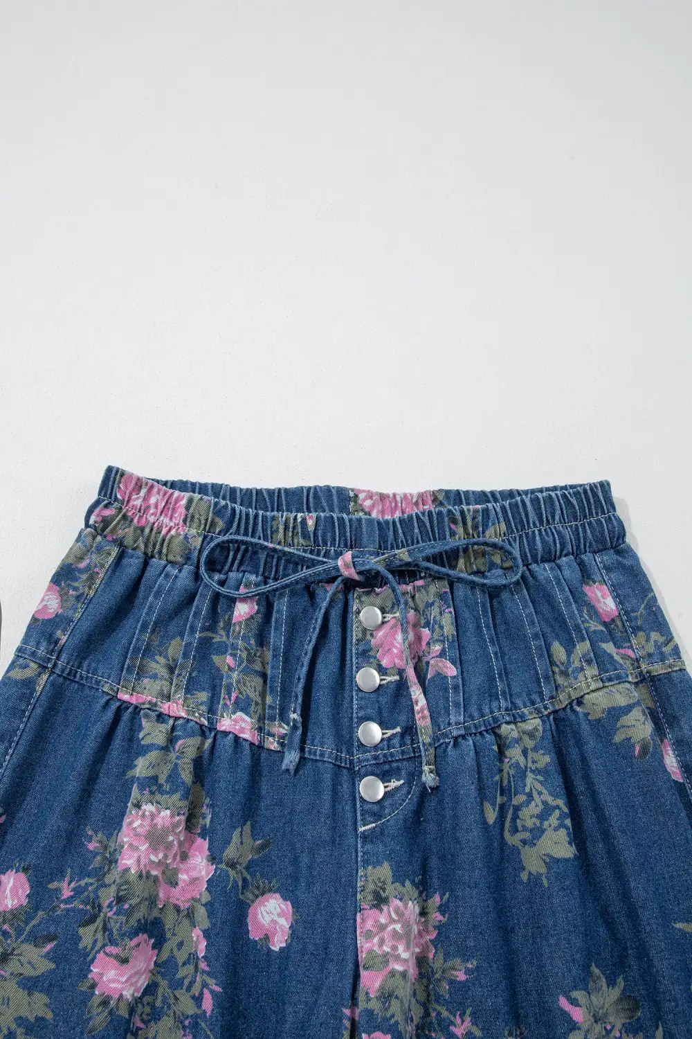 Women's Retro Floral Print Tie Elastic Waist Button Pintuck Wide Leg Jeans