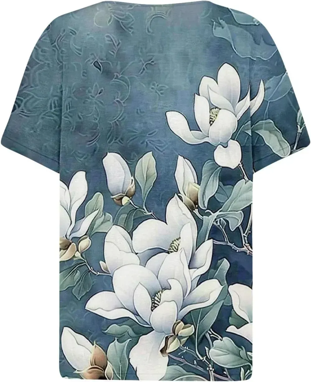 Shirts for Women Casual Printed Summer Tops Short-Sleeved Button V-Neck Tops Blouse Fashion Boho T-Shirts
