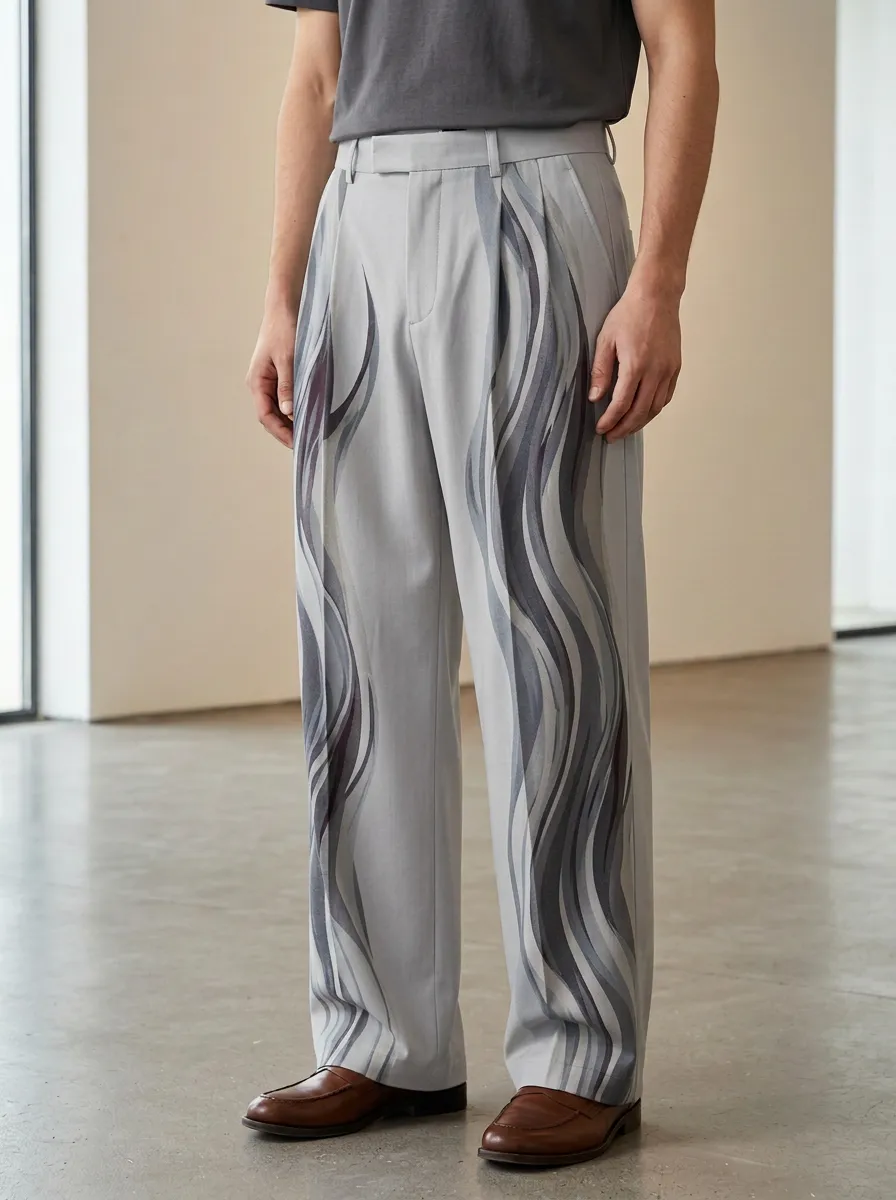 Men's Abstract Wave Pattern Printed Wide Leg Trousers