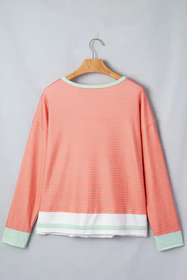 Striped Contrast Trim Relaxed Stretch Fabric Long Sleeve Top