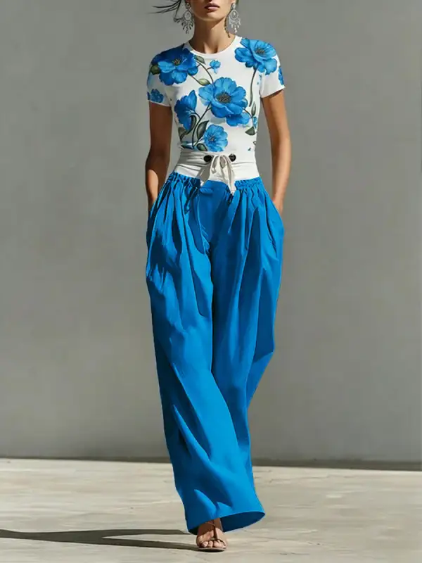 Short Sleeve Contrast Floral Print Round Neck Polyester T-Shirt
