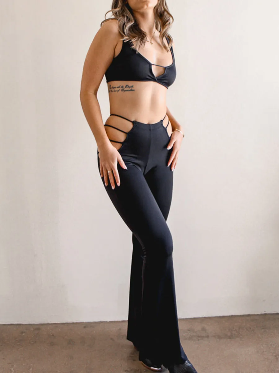 Black CutOut Crop Top and Flare Pants Set