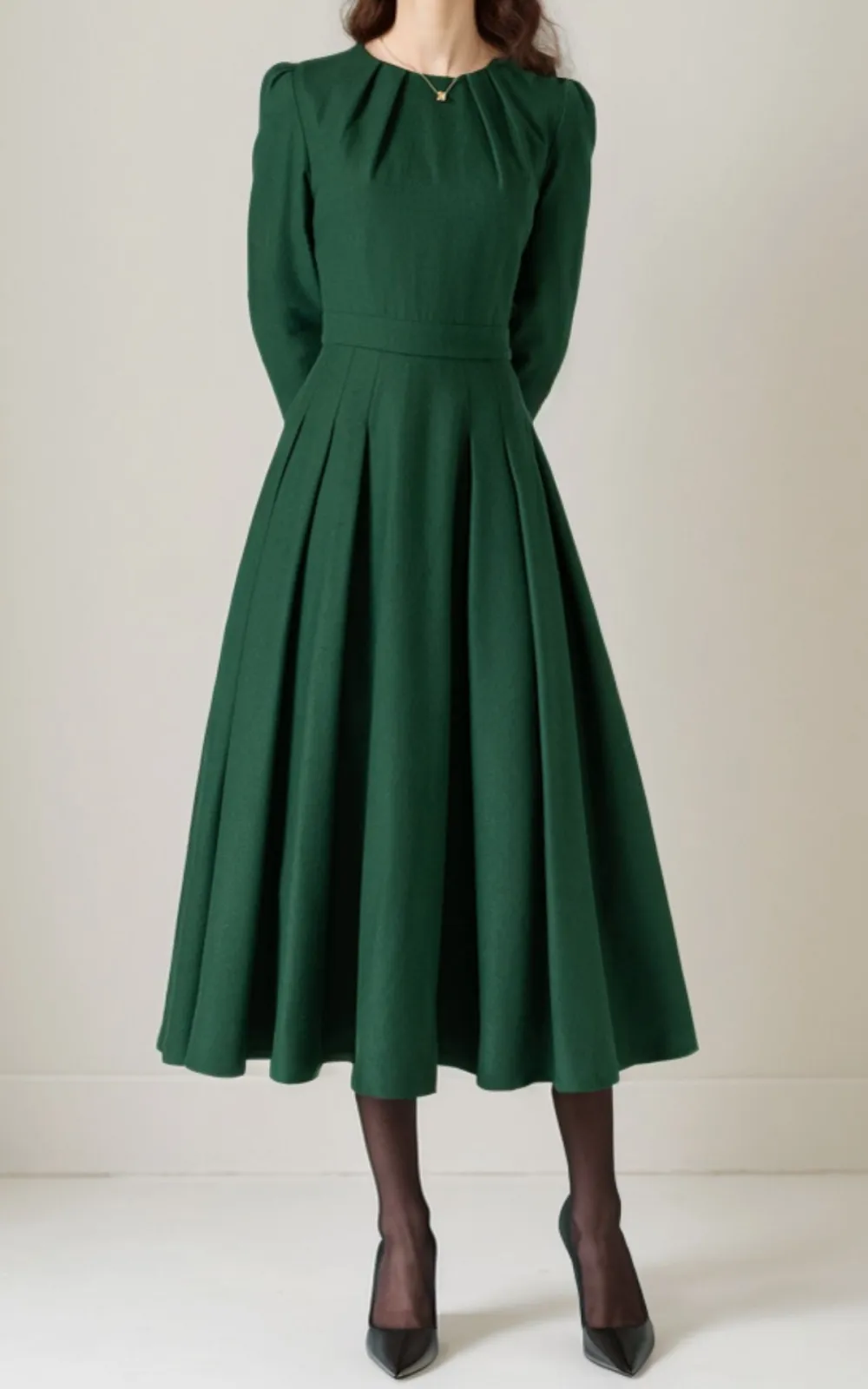 Wool Blend Pleated Long Sleeve Midi Dress