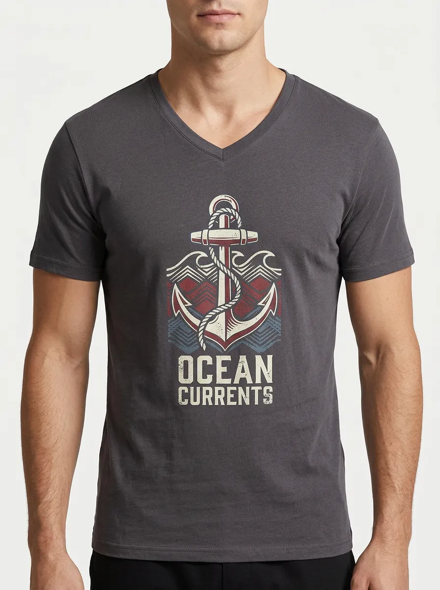 Men's Nautical Ocean Currents Anchor Printed V-Neck T-Shirt
