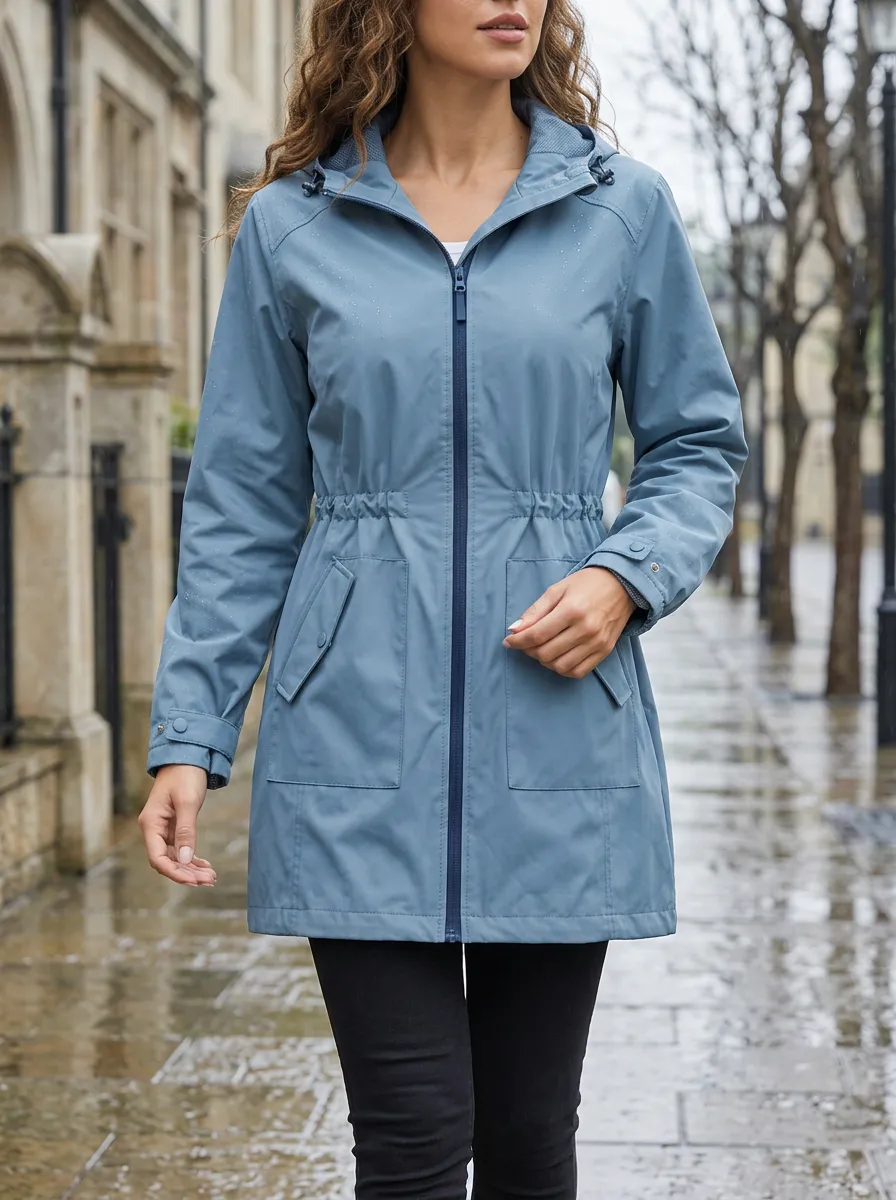 Women's Blue Hooded Waterproof Rain Jacket with Adjustable Cuffs