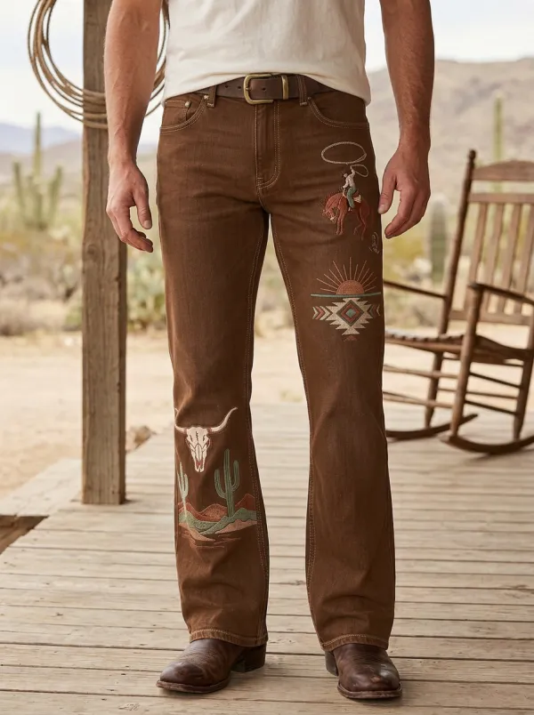 Men's Western Cowboy Rodeo Cactus Skull Jeans