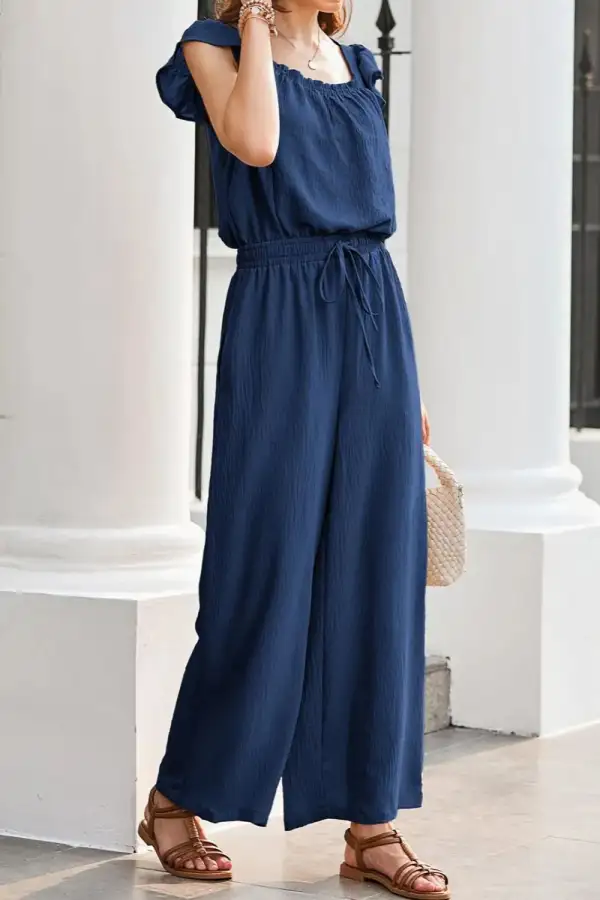 Ruffled Cap Sleeve Wide Leg Jumpsuit Accessory