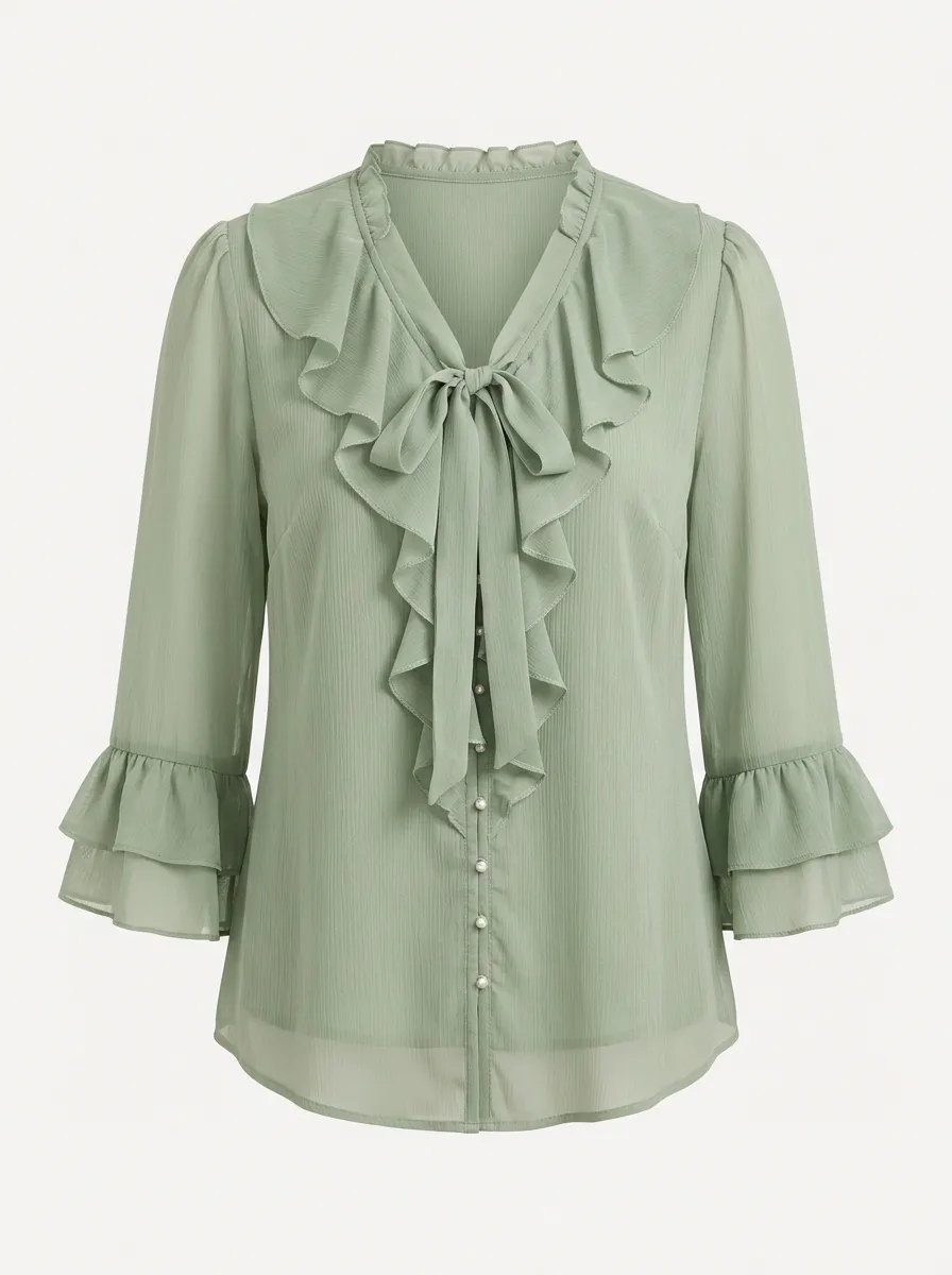 Women's Sage Green Ruffle Trim Bow Tie Pearl Button Chiffon Blouse
