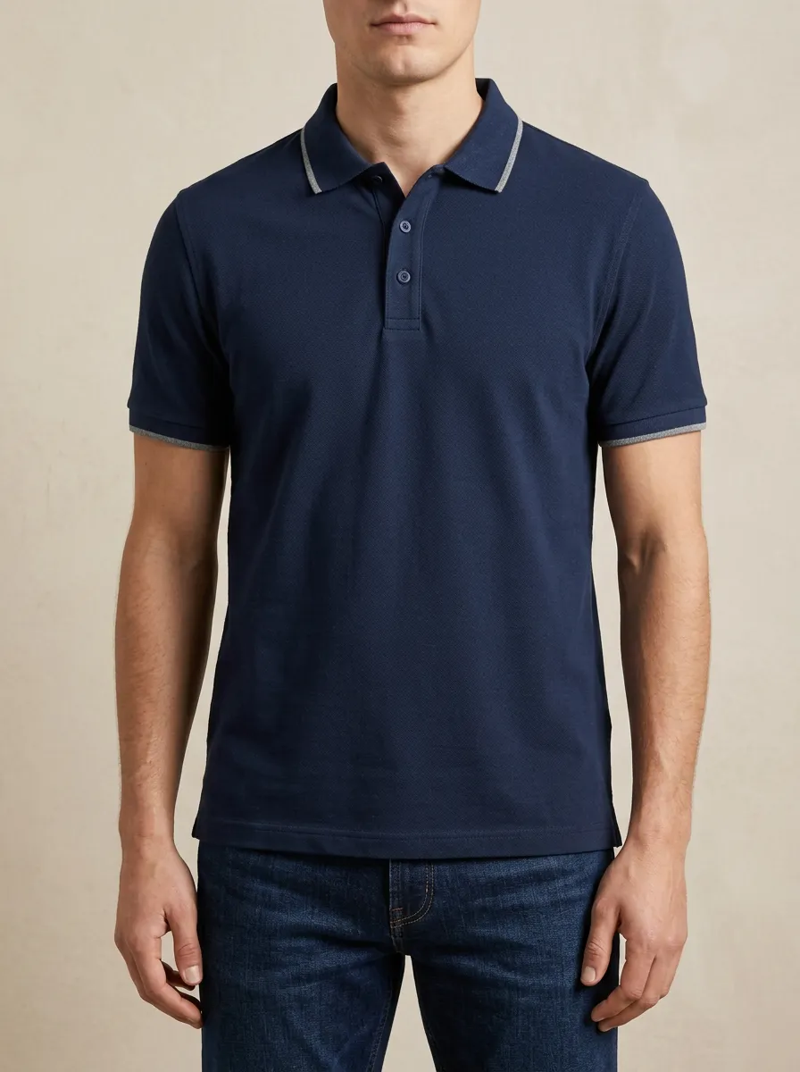 Men's Navy Blue Contrast Trim Casual Polo Shirt