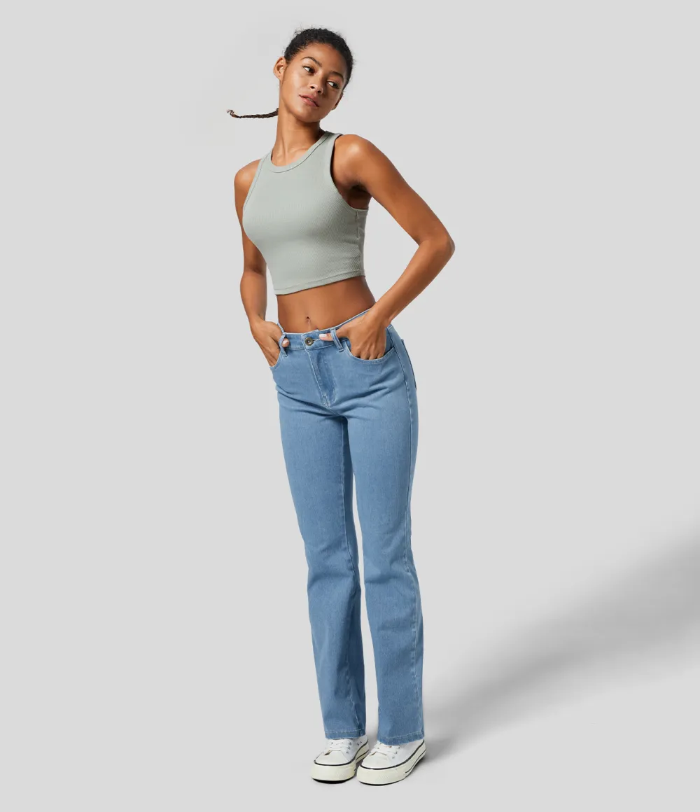 Magic Mid Rise Button Pockets Stretchy Knit Casual Bootcut Jeans