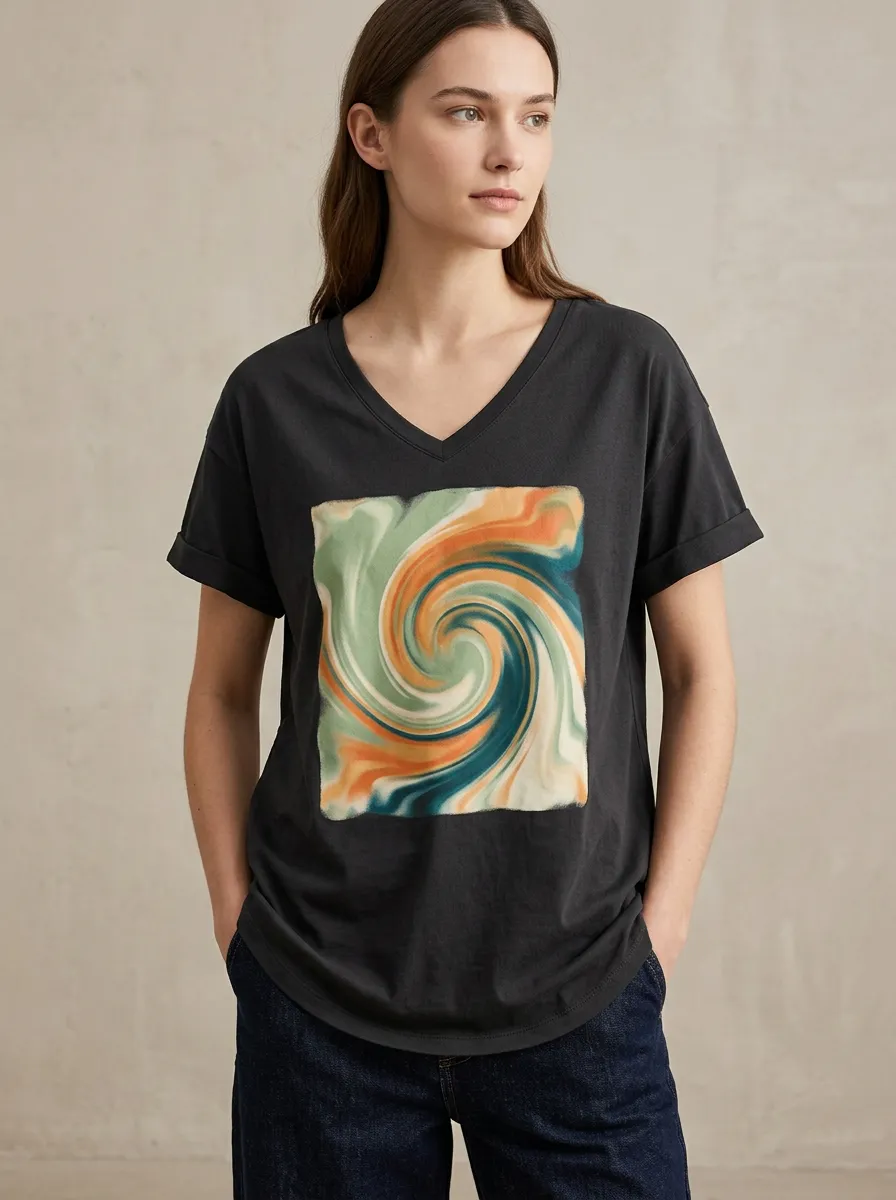 Women's Abstract Art Swirl Pattern Printed V-Neck T-Shirt