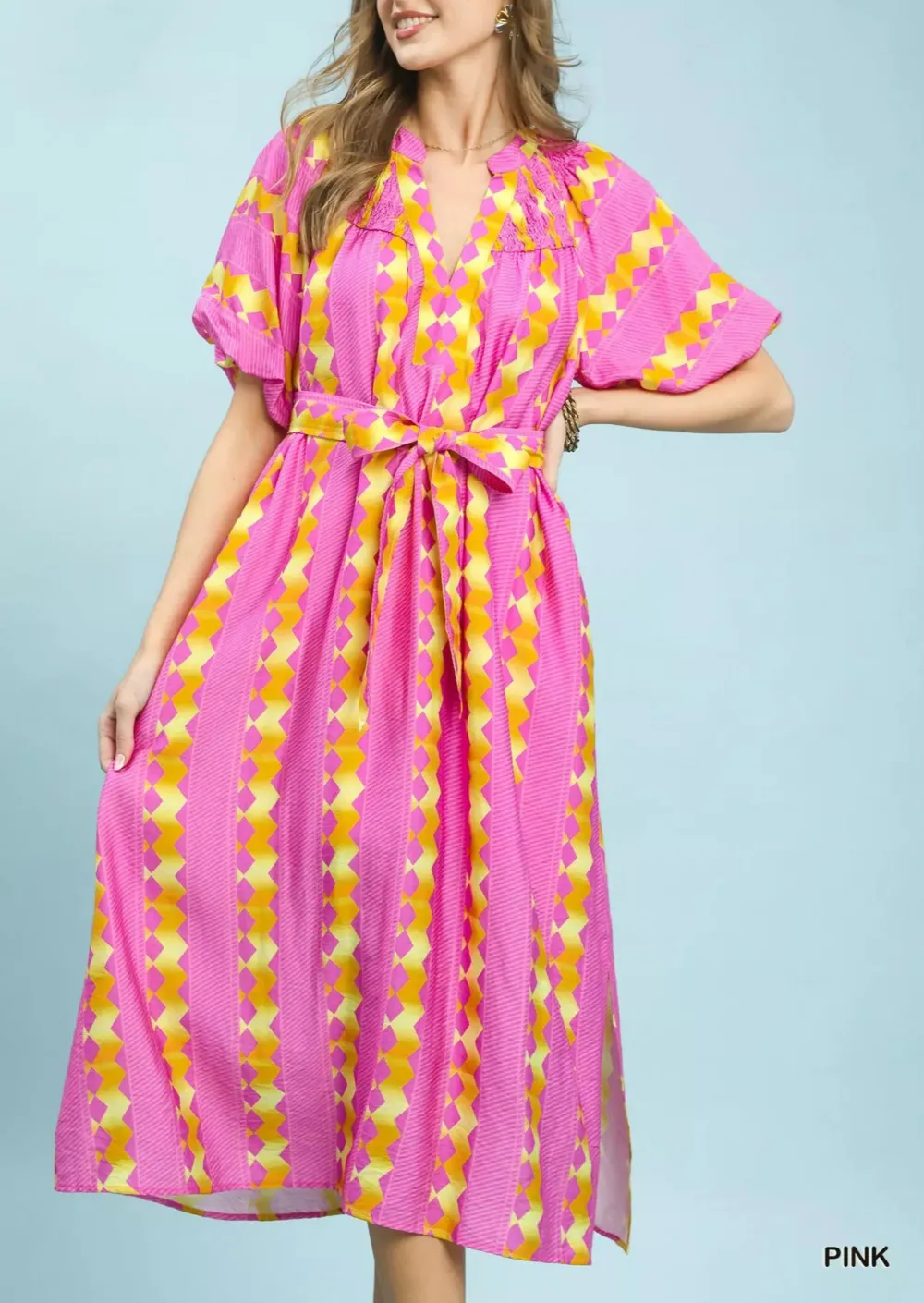Geometric Print Smocked Side Slit Dress