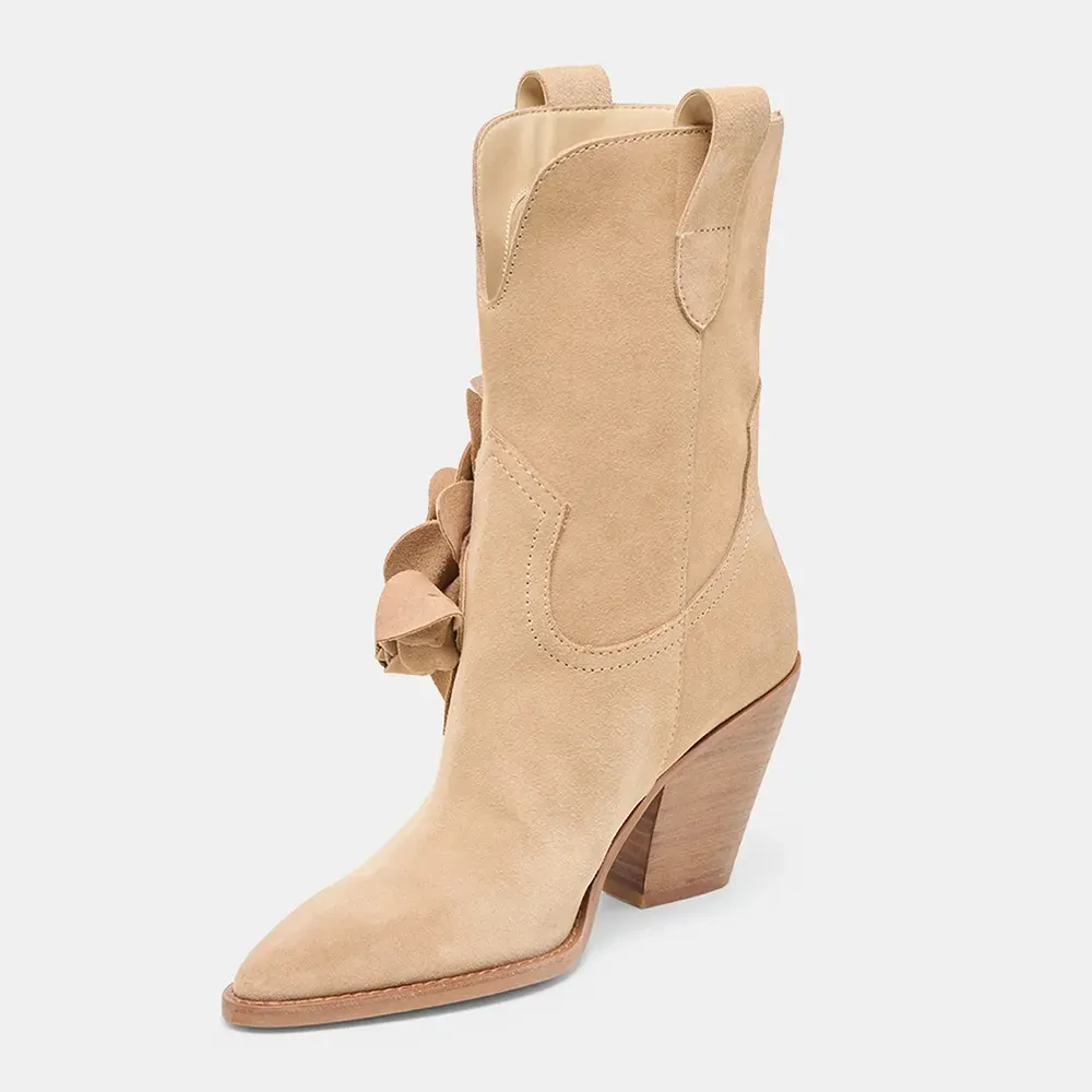 Faux-Suede Pull-On Floral Pointed-Toe Western Boots