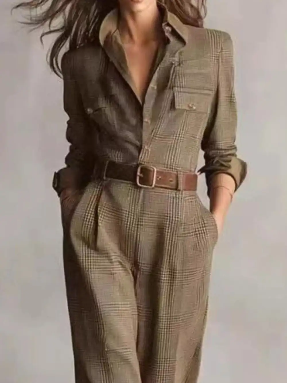 Button Front Long Sleeve Jumpsuit